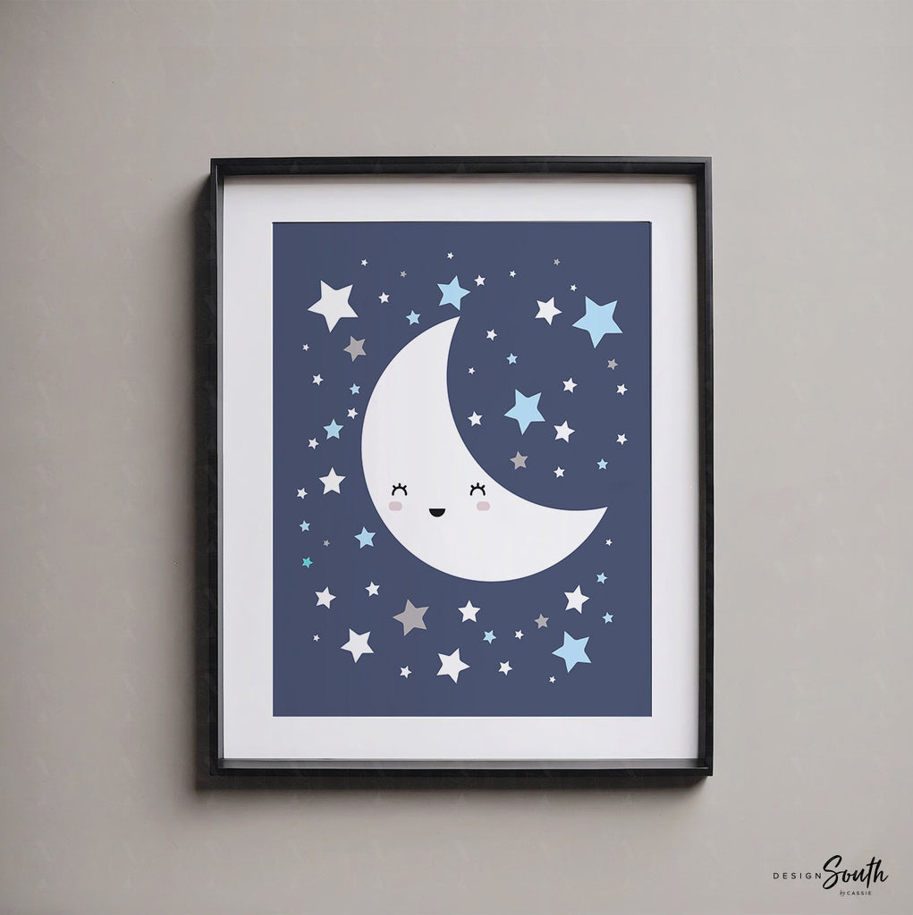 Teal blue yellow boys nursery art, moon and stars, moon nursery boys, cloud decor, star decor, cloud nursery art, boys cloud decor, moon art