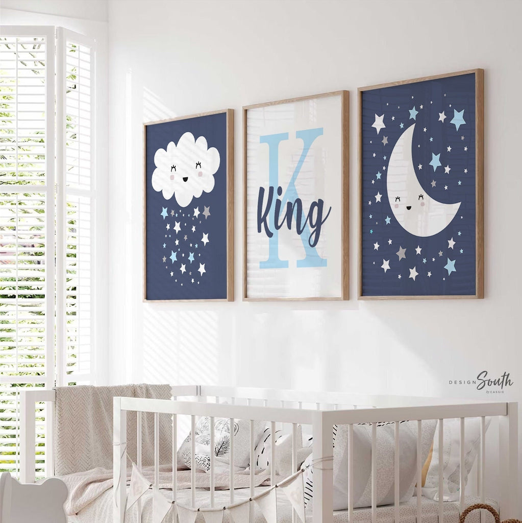 Teal blue yellow boys nursery art, moon and stars, moon nursery boys, cloud decor, star decor, cloud nursery art, boys cloud decor, moon art