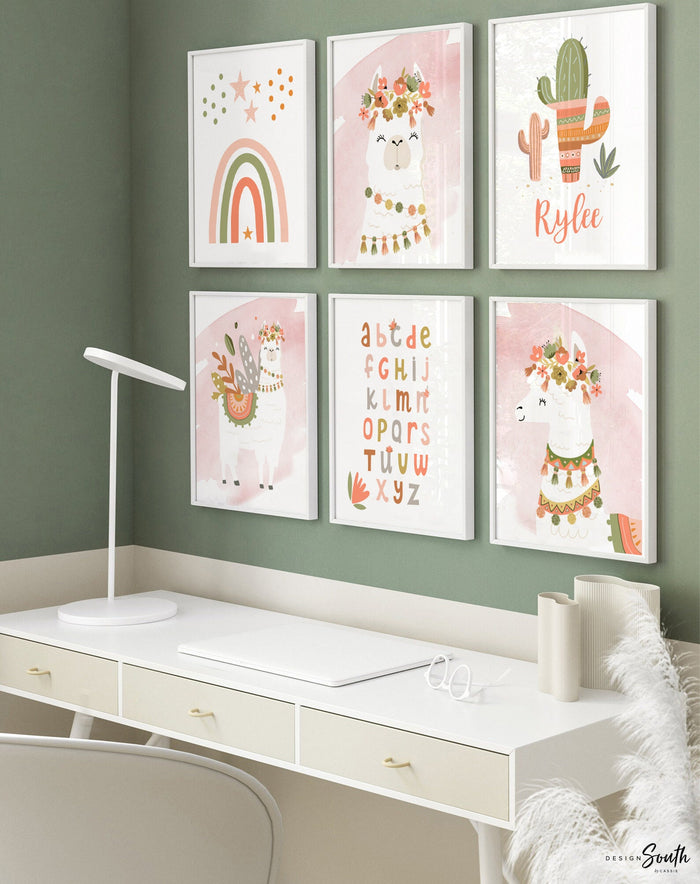 Terracotta burnt orange nursery art, boho little girl bedroom art llama, baby girl flower crown animal, burnt orange coral girl boho theme