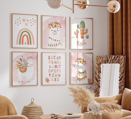 Terracotta burnt orange nursery art, boho little girl bedroom art llama, baby girl flower crown animal, burnt orange coral girl boho theme