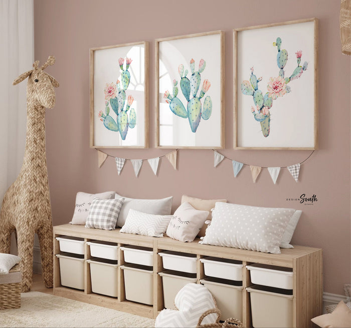 Floral cactus wall art nursery, baby girl's room wall art, succulent desert cactus bloom pink flowers, gallery wall, girl playroom pink art