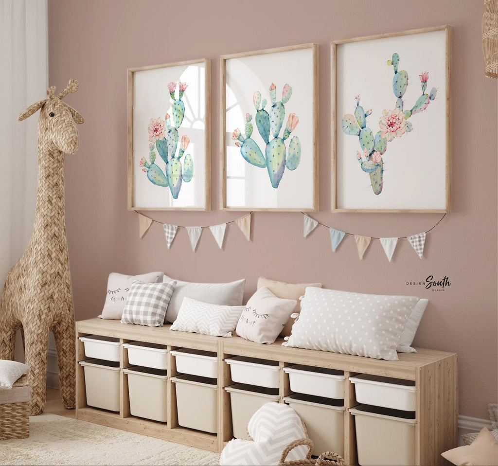 Floral cactus wall art nursery, baby girl&#39;s room wall art, succulent desert cactus bloom pink flowers, gallery wall, girl playroom pink art