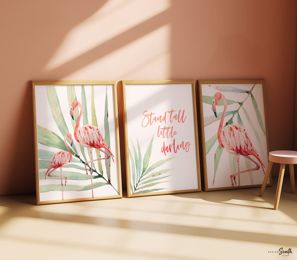 Stand tall little darling, tropical palm flamingo nursery, above crib tropical theme, flamingo art, newborn flamingo nursery pink and green