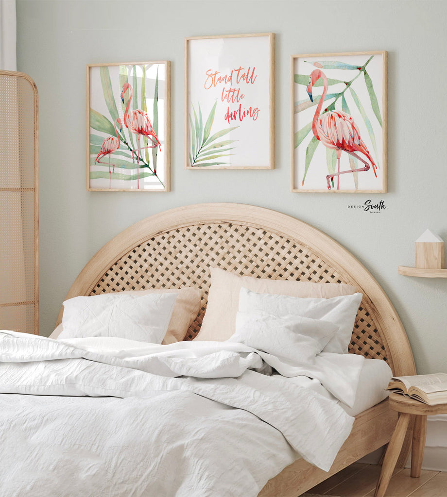 Stand tall little darling, tropical palm flamingo nursery, above crib tropical theme, flamingo art, newborn flamingo nursery pink and green