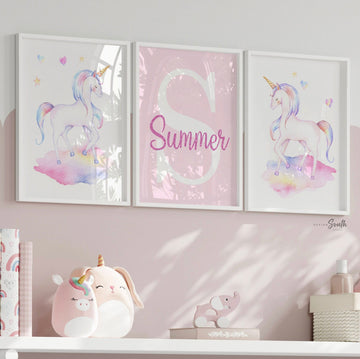 Unicorn nursery art, girls personalized name gift unicorn theme, wall art print set unicorns, baby room decor unicorn, girl bedroom unicorns