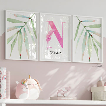 Girl tropical plants initial name nursery decor, tropical leaf watercolor decor, girls nursery tropical theme, pink tropics nursery baby art