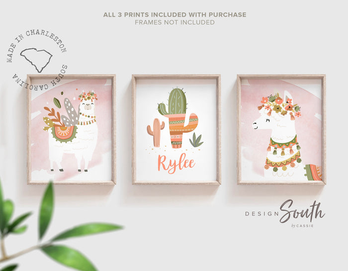 Green and coral pink girl nursery decor, blush pink coral and green nursery wall art, girls name nursery sign llama themed, coral baby decor