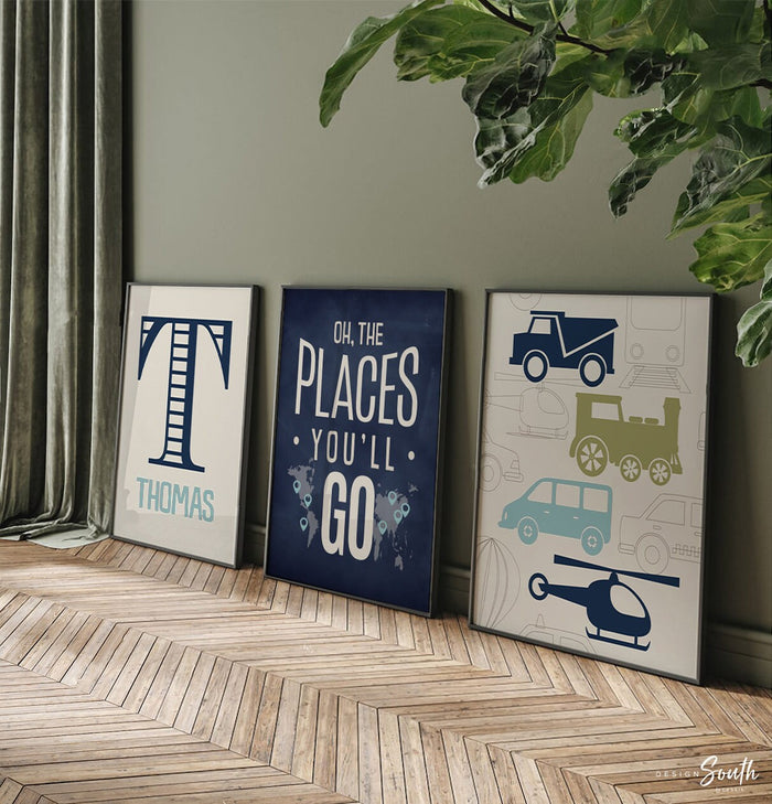 Transportation theme for boys nursery or bedroom, personalized name print for boys, oh the places you'll go, orange, blue, navy, car nursery
