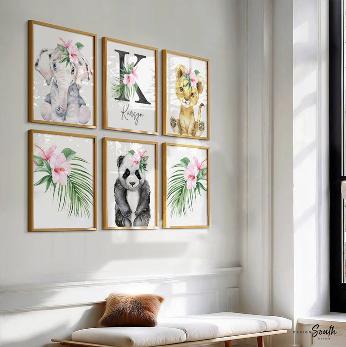 Girl nursery decor animals flowers, cute animals lion cub elephant panda print set girl baby room, animal girl gallery wall gift tropical