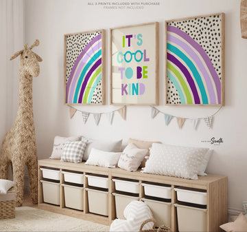 It's cool to be kind, kids wall art quote saying cool to be kind, colorful bright playroom art, bright playroom decor kindness affirmation