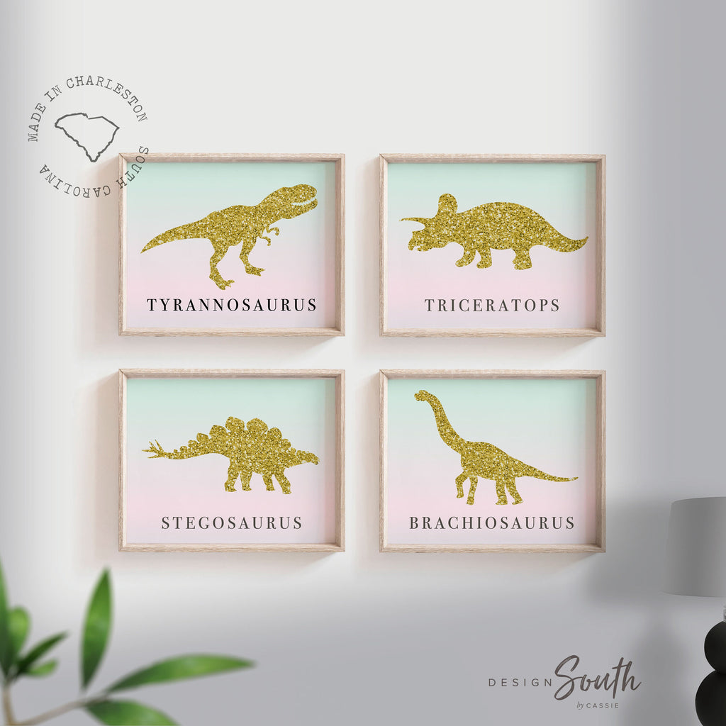 Ombre dinosaur girl art, girls nursery bedroom playroom decor dinosaur themed art, prints girls bedroom gold dinosaurs, girl baby dinosaurs