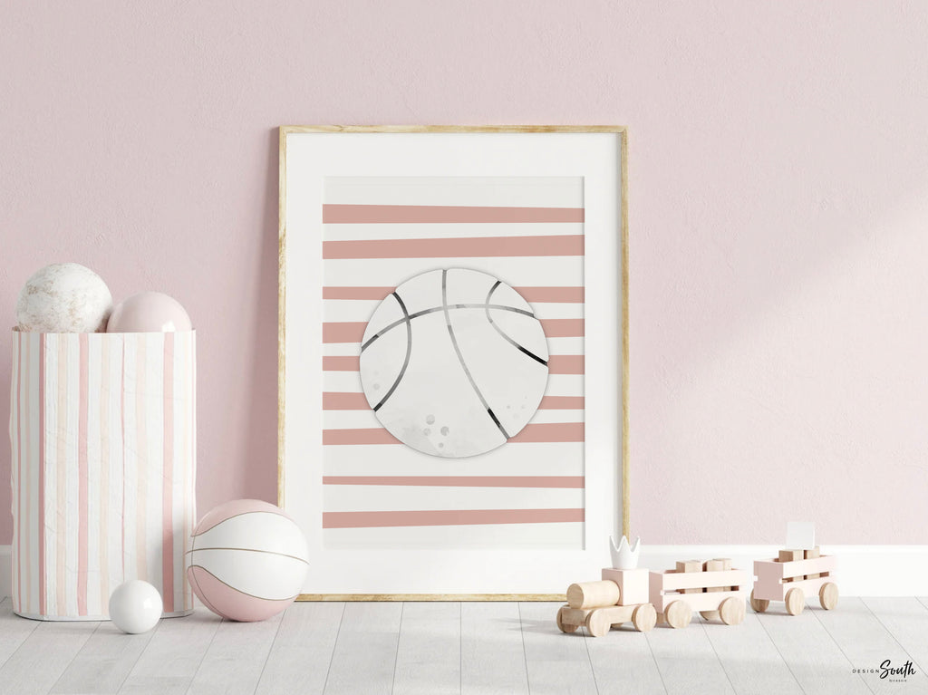Pink sports art, little girl room sports themed, girly sports art, toddler girl athletic art, baby girl sports nursery pink gray wall art