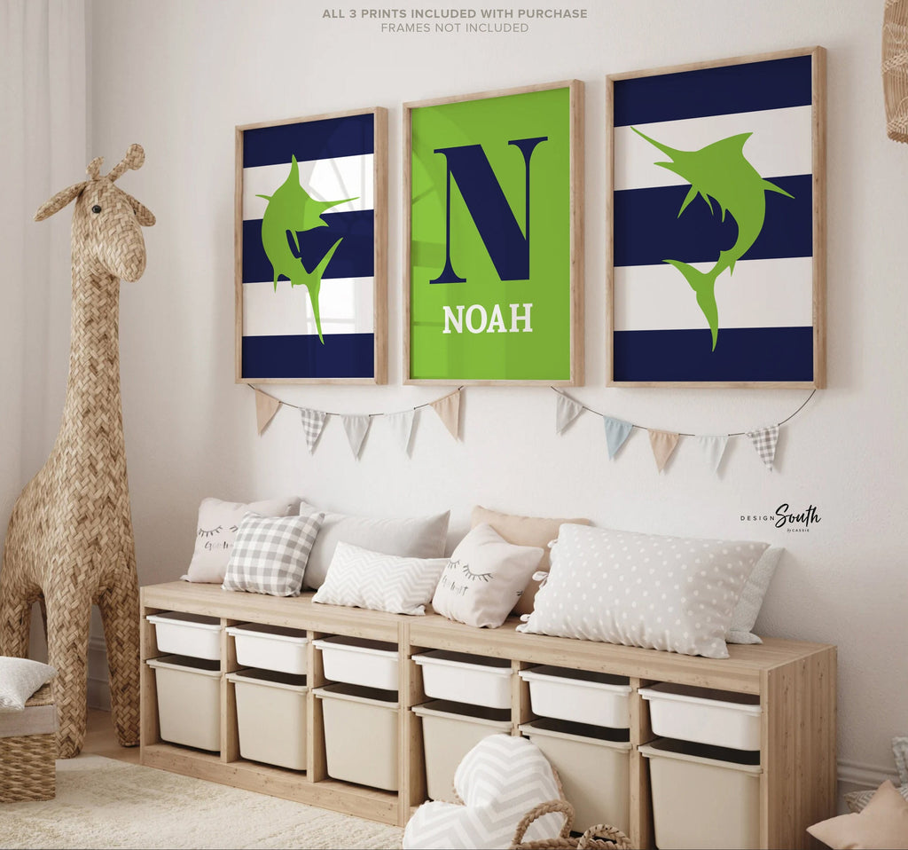 Fish nursery decor lime and navy, boys bedroom wall art, monogram for boys, fish theme nursery, saltwater fish, fishing nursery wall decor