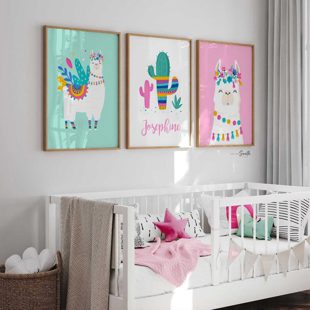 Llama nursery, alpaca art, aztec llama baby gift, mint pink llama girl bedroom wall art print, llama cactus decor, boho llama baby pictures