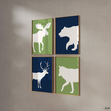 Blue and green boys bedroom wall decor, woodland forest animals, boys woodland wall art, boys playroom decor, animal wall art boy navy green