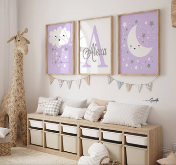 Baby girl nursery wall art prints purple lavender silver sparkles, modern personalized art girl room, cloud moon star nursery art wall decor