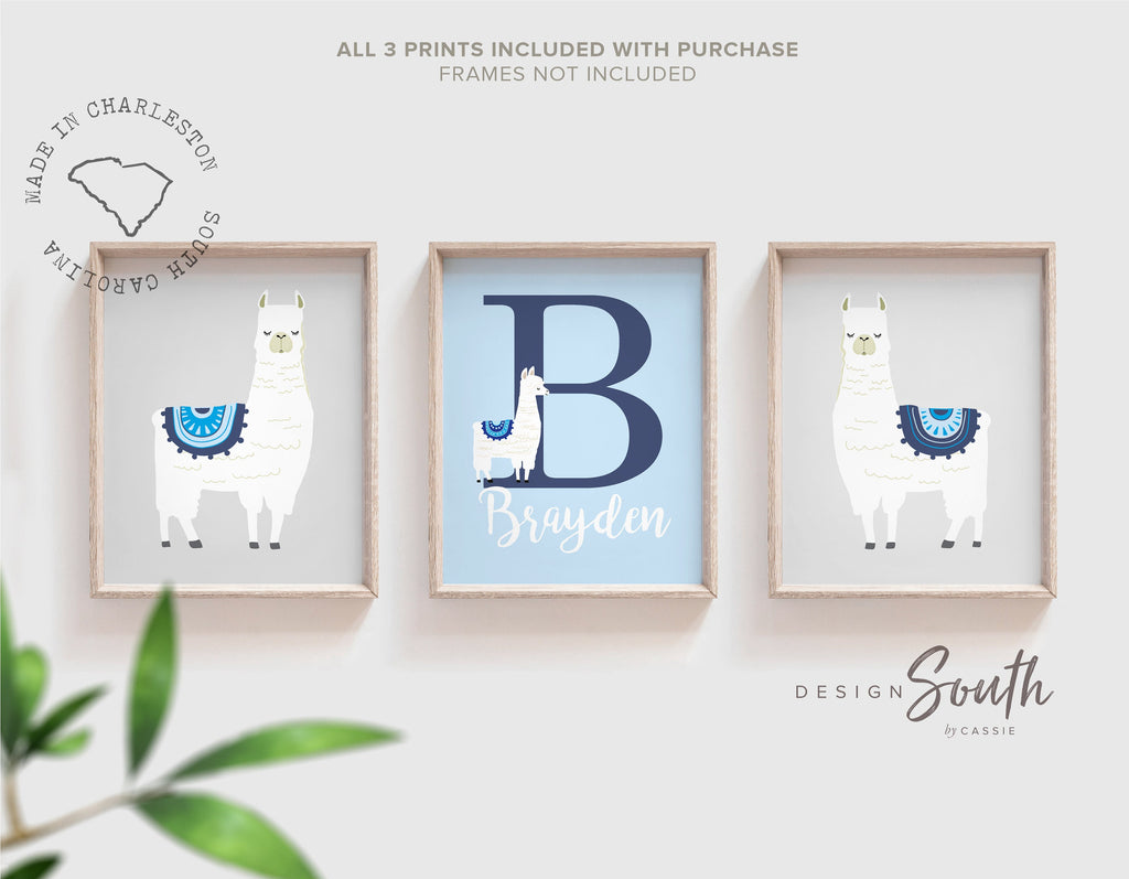 Boy llama art, baby blue navy blue and gray nursery art, personalized name print set with llamas, llama themed room, blue llama art, alpacas