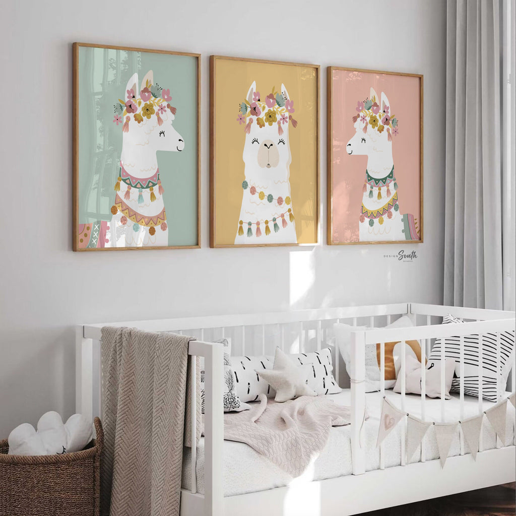 Neutral nursery soft boho colors baby room, elegant neutral girls wall art, modern boho baby decor llamas, nursery alpaca llama theme child