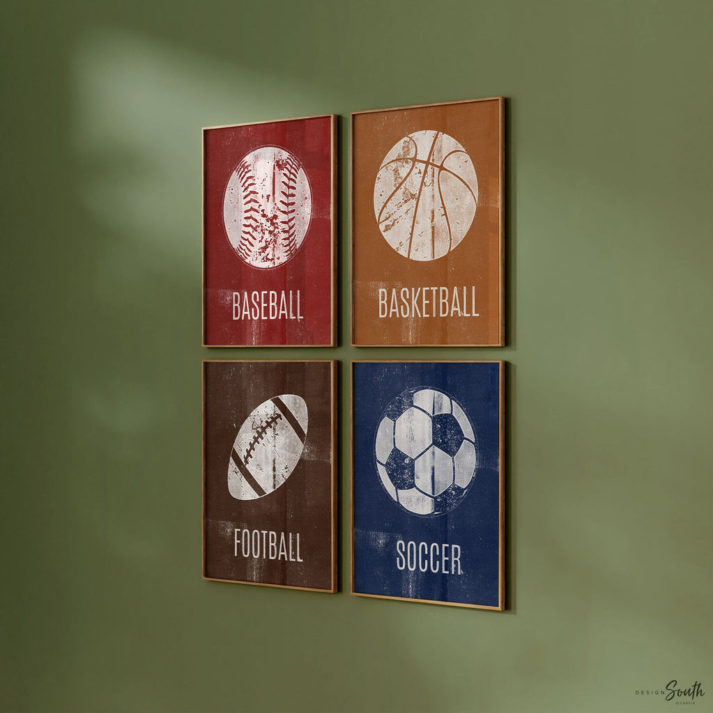 Distressed sports art prints posters set of 4, sports kids prints, red orange blue brown sports themed room wall art, toddler little boy art