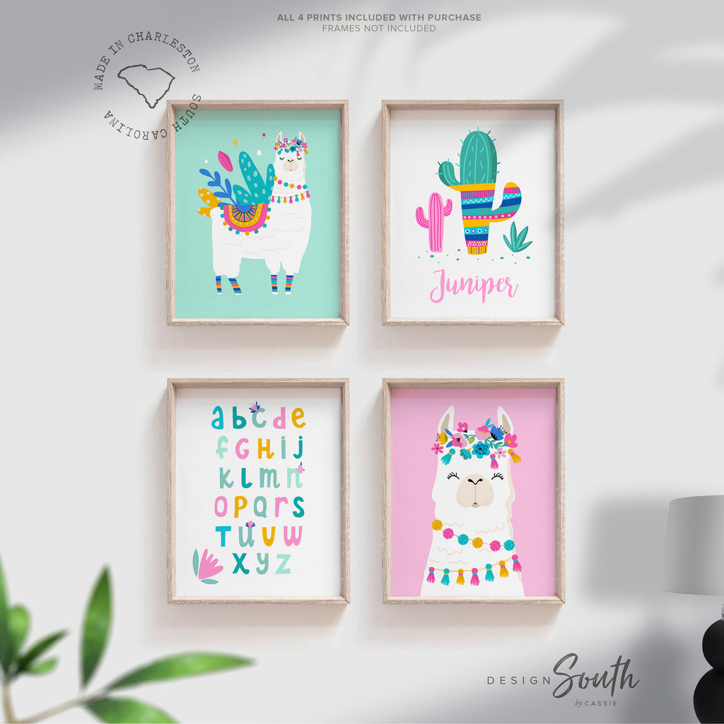Llama nursery set of 4, alpaca aztec llama baby gift, mint pink llama girl bedroom wall art print, llama cactus decor, llama baby pictures