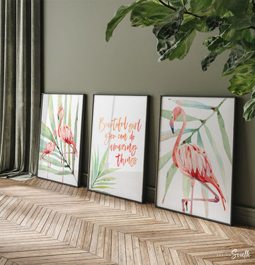 Beautiful girl you can do amazing things, tropical palm flamingo nursery, above crib tropical theme, flamingo nursery pink green wall prints