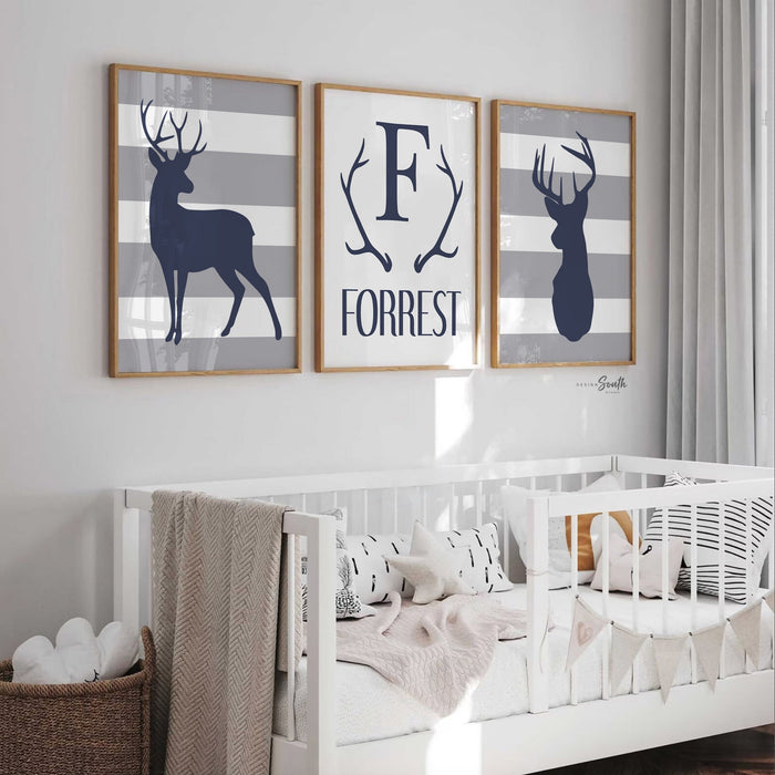 Deer decor, navy gray deer art, boy monogram, buck hunting decor boys room, navy deer big boy room, hunting kids room name personalized art