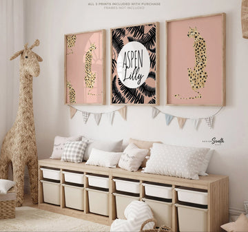 Boho wall decor, safari animal art, personalized nursery safari print set, pink cheetah leopard, baby girl modern nursery, tropical girl art