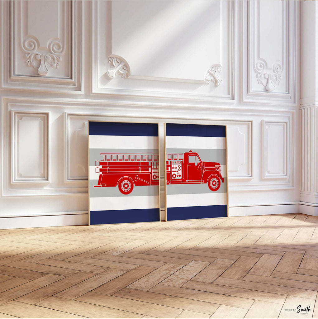 Red gray and navy blue firetruck nursery decor, firefighter nursery art, firetruck kid art, firetruck theme, children firetruck wall art