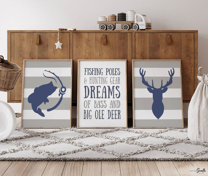 Deer & Bass Fishing Decor — Blue & Gray Hunting Nursery Prints