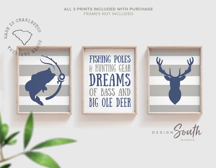 Deer & Bass Fishing Decor — Blue & Gray Hunting Nursery Prints