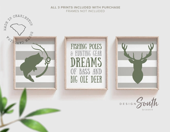 Deer & Bass Fishing Decor — Blue & Gray Hunting Nursery Prints