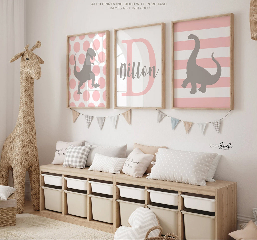 Pink gray girls dinosaur nursery art, girl dinosaur art, baby girl dinosaurs, girl dinosaur wall art, girls bedroom, girls bedroom dinosaurs