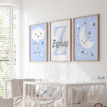 Periwinkle nursery art, periwinkle nursery decor for boy, personalized baby boy name art, moon stars clouds nursery, art for baby boy room