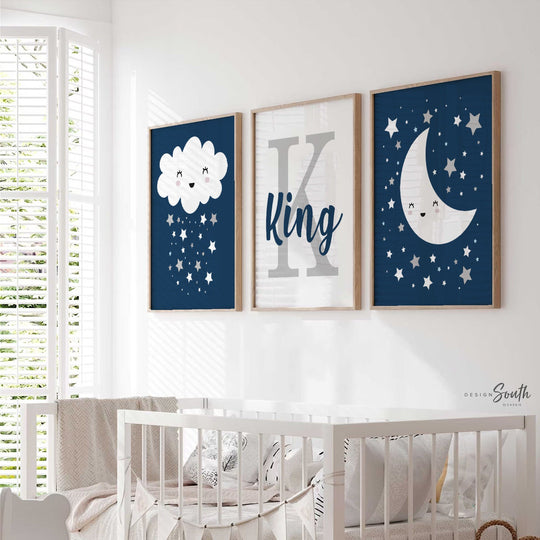 Baby boy nursery navy and gray, celestial stars theme nursery wall prints for boys, nursery wall art, boys moon cloud and star nursery decor