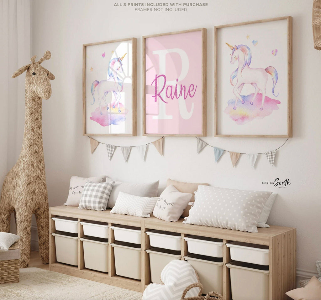 Unicorn nursery art, girls personalized name gift unicorn theme, wall art print set unicorns, baby room decor unicorn, girl bedroom unicorns