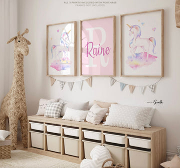 Unicorn nursery art, girls personalized name gift unicorn theme, wall art print set unicorns, baby room decor unicorn, girl bedroom unicorns