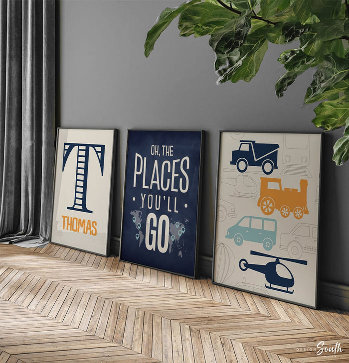 Transportation theme for boys nursery or bedroom, personalized name print for boys, oh the places you'll go, orange, blue, navy, car nursery