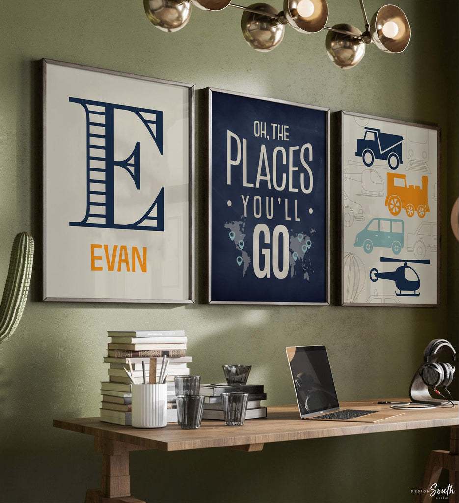 Transportation theme for boys nursery or bedroom, personalized name print for boys, oh the places you&#39;ll go, orange, blue, navy, car nursery
