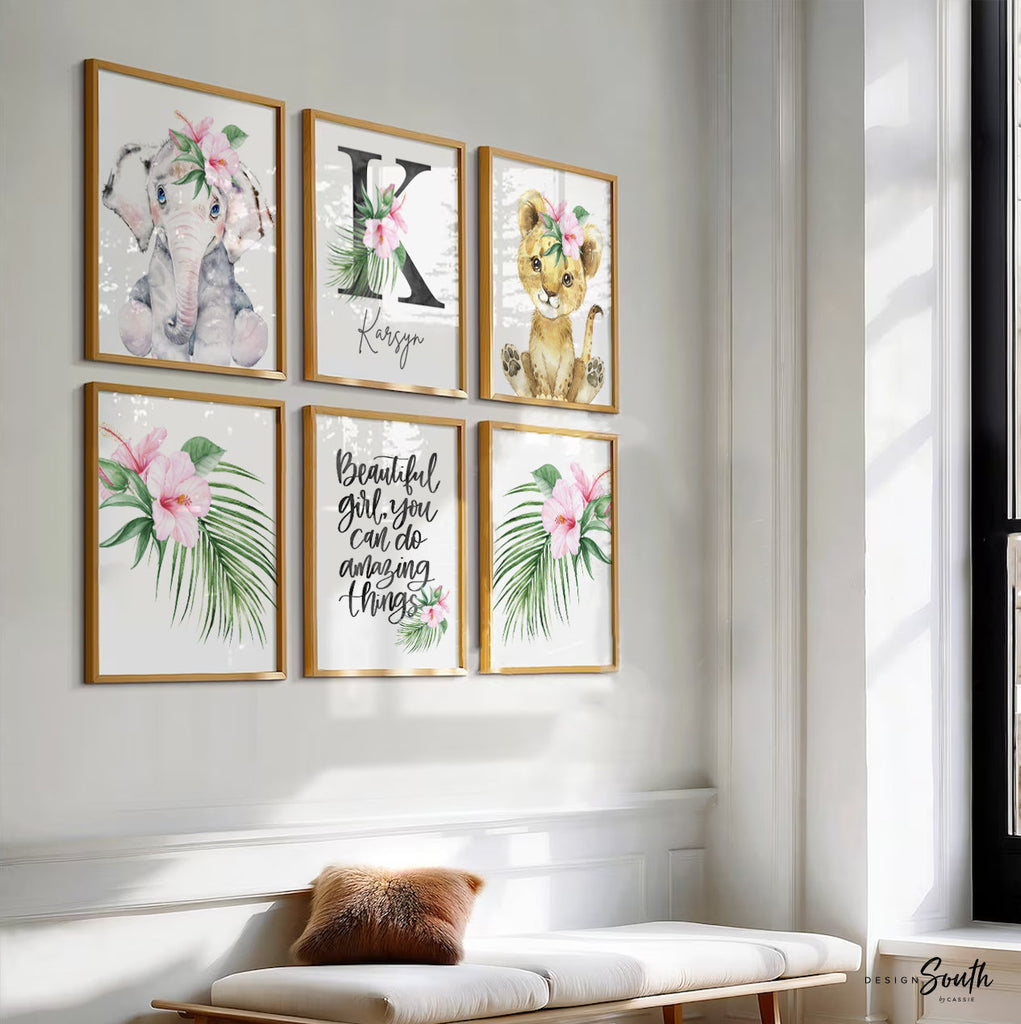 Elephant nursery art for girl, animals pink flower elephant baby cub nursery decor, girl floral tropical pink green room decor, girl bedroom