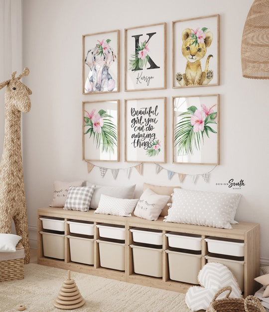 Elephant nursery art for girl, animals pink flower elephant baby cub nursery decor, girl floral tropical pink green room decor, girl bedroom