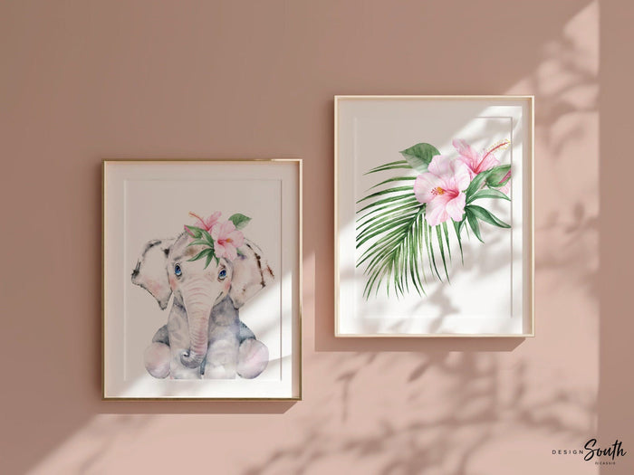 Animal nursery decor for girls, pink hawaiian flower animal prints, panda bear themed, pink tropical room art, wall art girl bedroom name