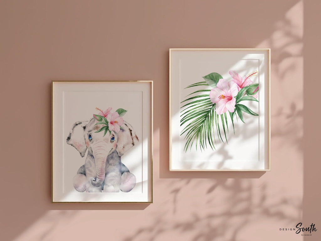 Animal nursery decor for girls, pink hawaiian flower animal prints, panda bear themed, pink tropical room art, wall art girl bedroom name