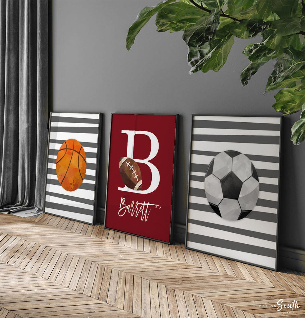 Dark red and gray sports themed room personalized boys name, sports print set of 3 collection, sports wall art theme, basketball soccer ball