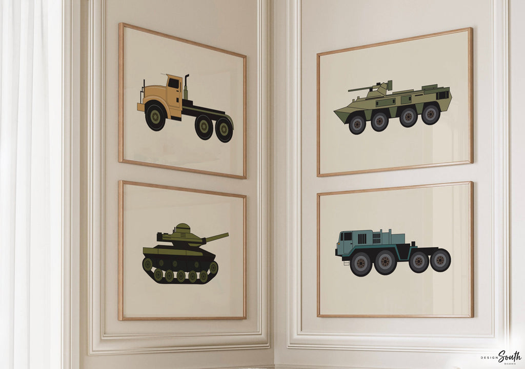Nursery military, army vehicles print wall art set, boys room wall art, tank truck 4 prints, nursery and childrens room decor, boys room