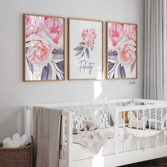 Elegant nursery ideas, pink floral bedroom, modern elegant chic pink baby nursery decor, floral personalized name art, nursery room french