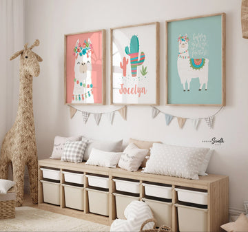Baby girl nursery art coral and teal, wall prints for girls bedroom, monogram for little girl, floral theme boho nursery decor llama alpaca