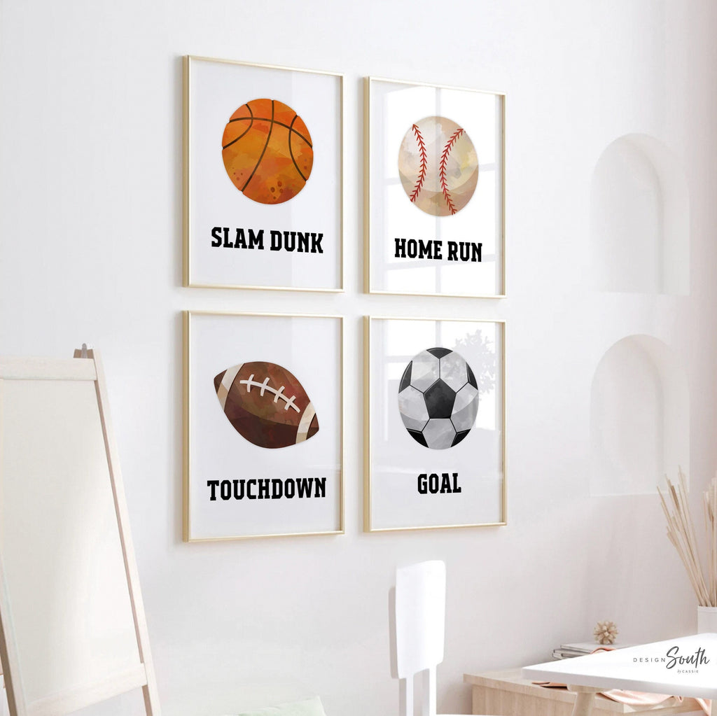 Sports print set of 4, soccer baseball basketball football, slam dunk home run goal touchdown, toddler athlete room art, white modern sports