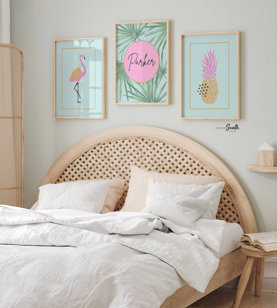 Nursery prints flamingo decor, pink aqua and gold girls decor, flamingo tropical art set, pink aqua flamingo nursery, personalized nursery