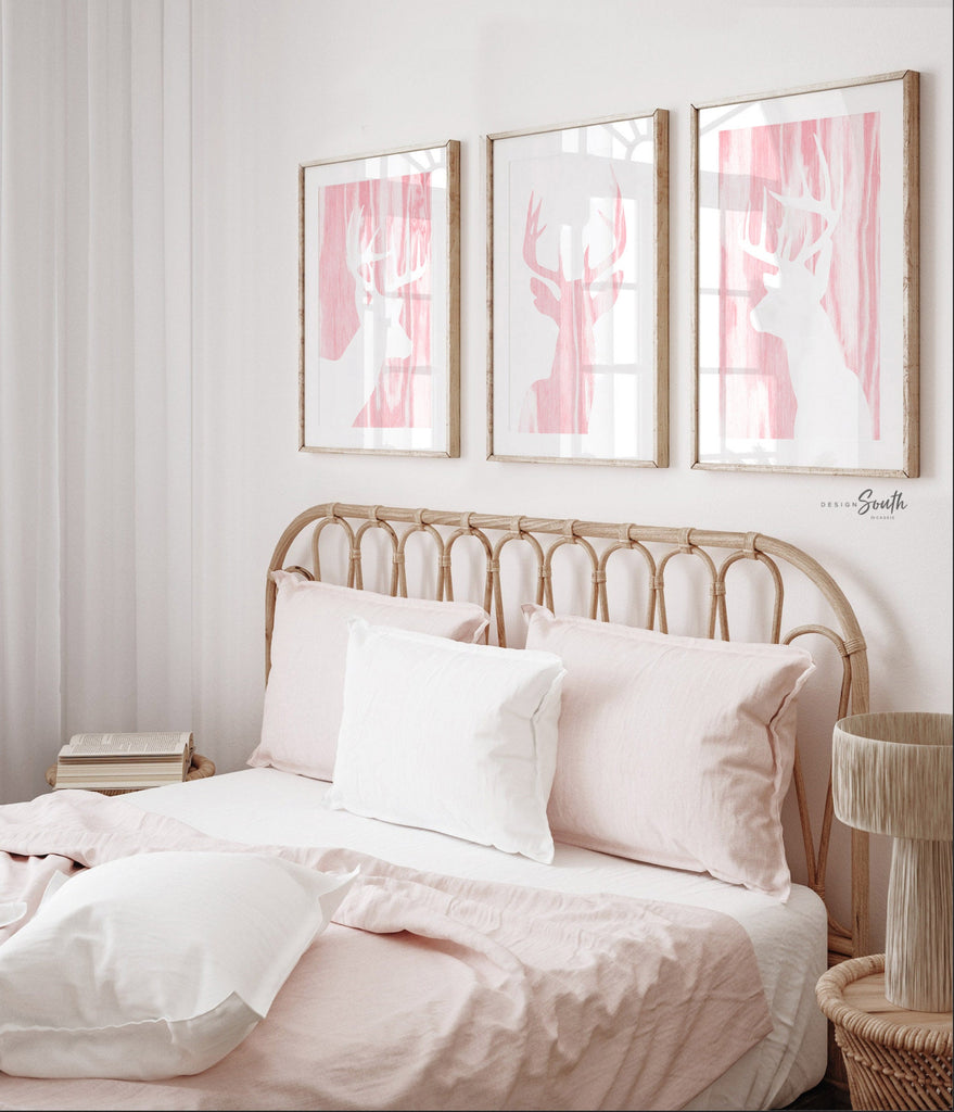 Pink deer antler theme nursery, signs over the crib pink deer, trendy deer head art decor girl, pink buck deer woodland, girls hunting decor