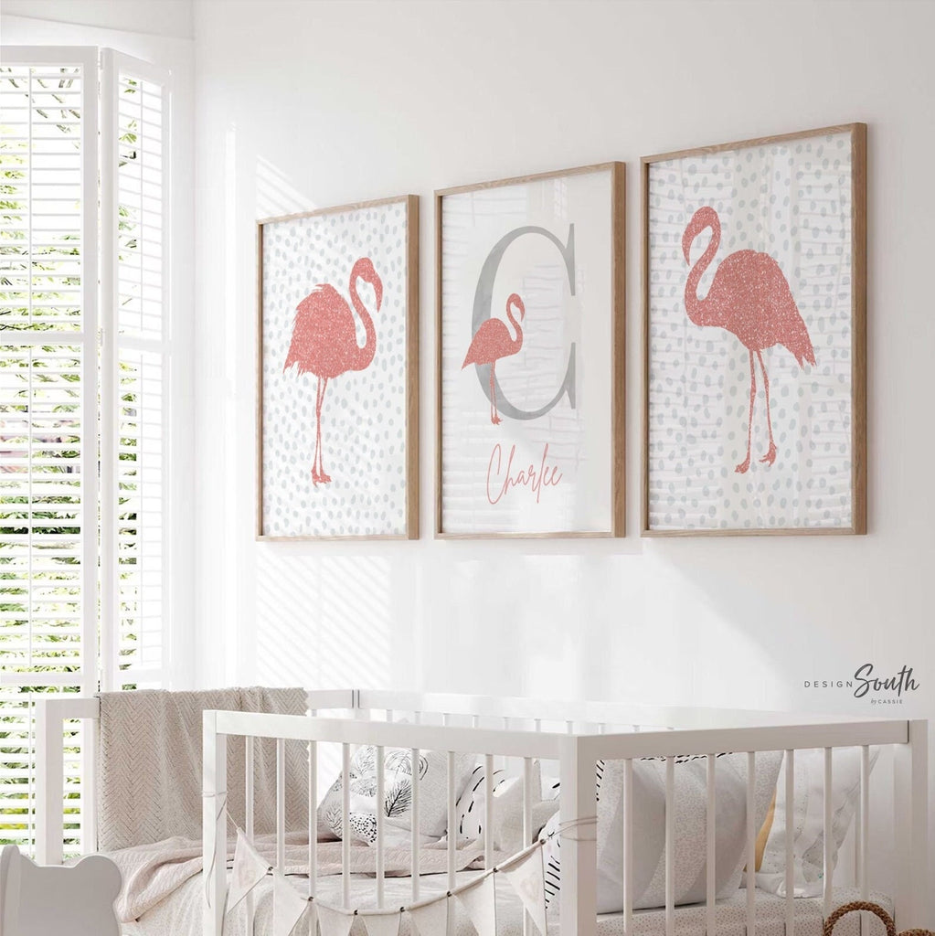 Rose gold glitter flamingo art, tropical prints rose gold, girls pink glittery art, girl room decor pink glitter, personalized pink gray